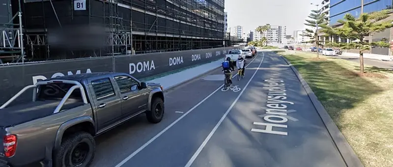 Cyclepath on Honeysuckle Drive. The Newcastle Cycleways Movement has been advocating to reduce the speed limit in this area. 
