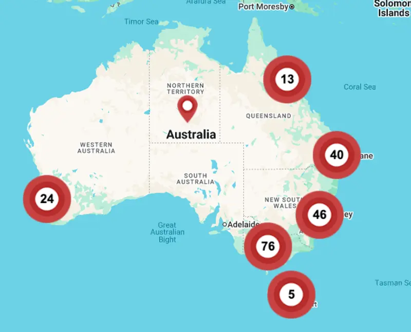 Map of stores offering Studio 19 bike rentals. 